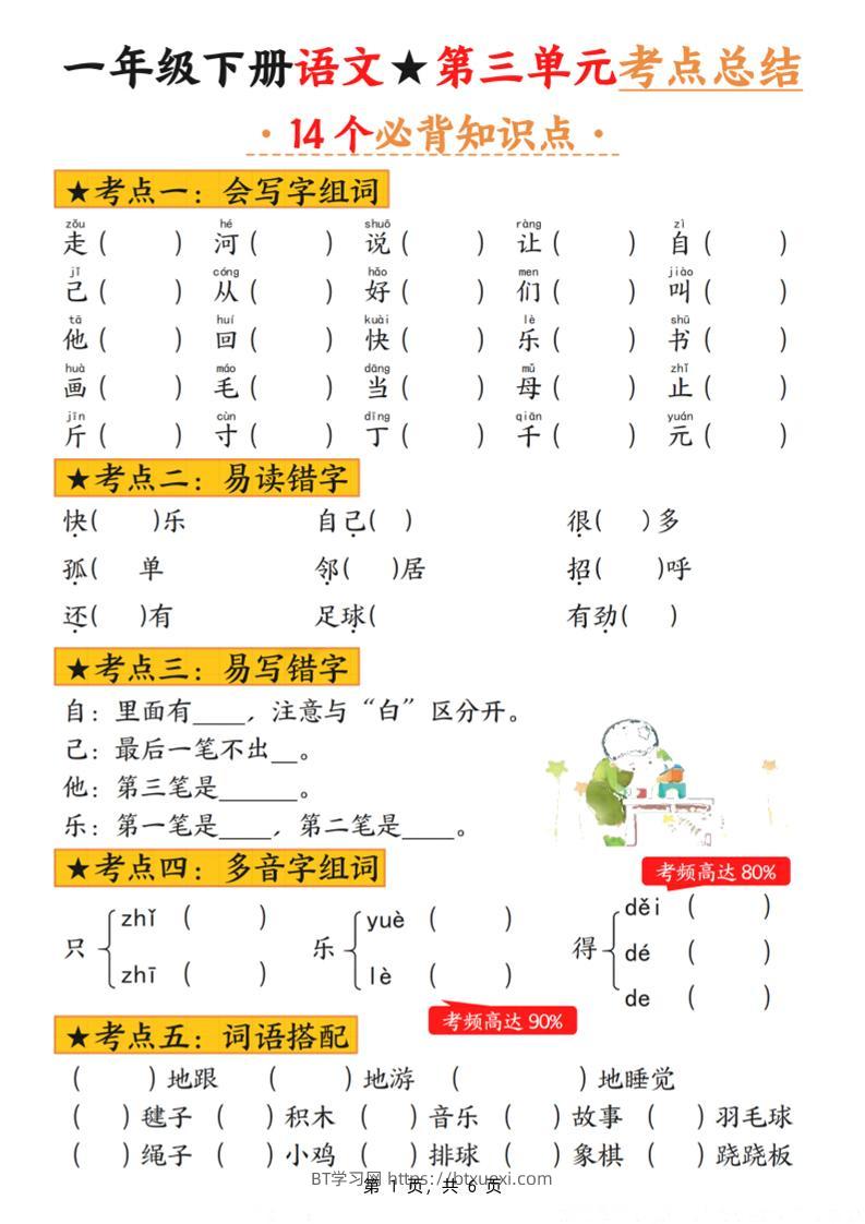 一下语文第三单元考点总结（含练习6页）-BT学习网