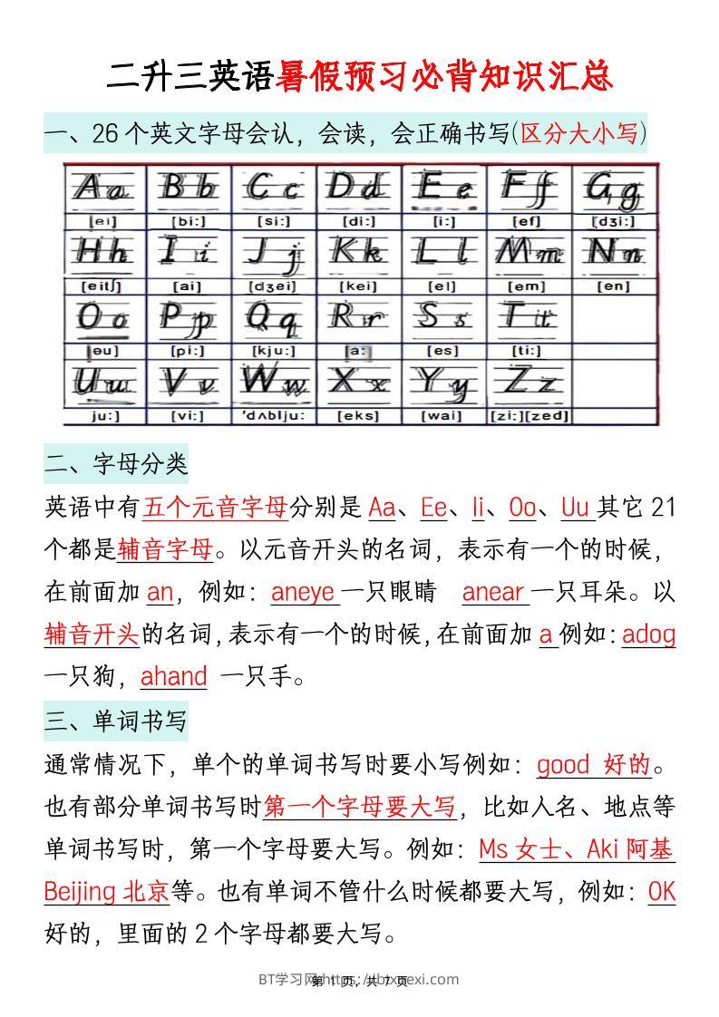 二升三英语暑假预习必背知识汇总通用版7页三上-BT学习网