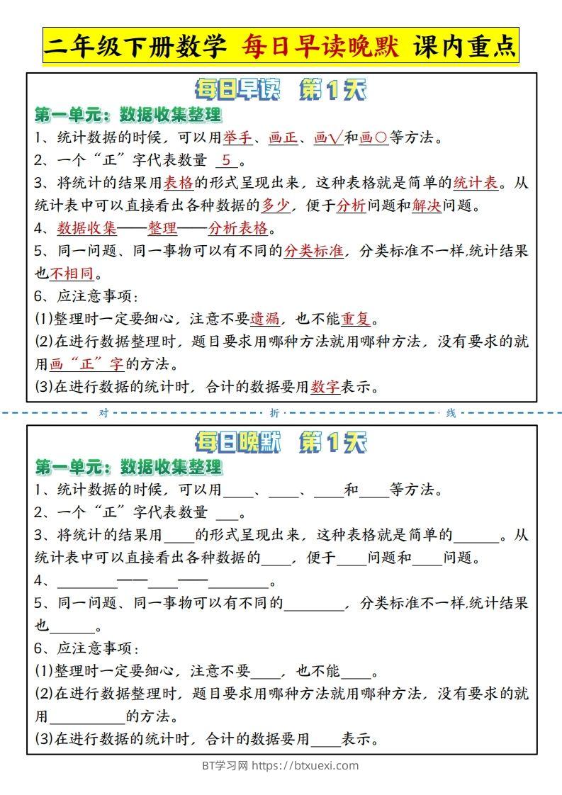 二下数学每日晨读晚默课内重点知识点（人教版）-BT学习网