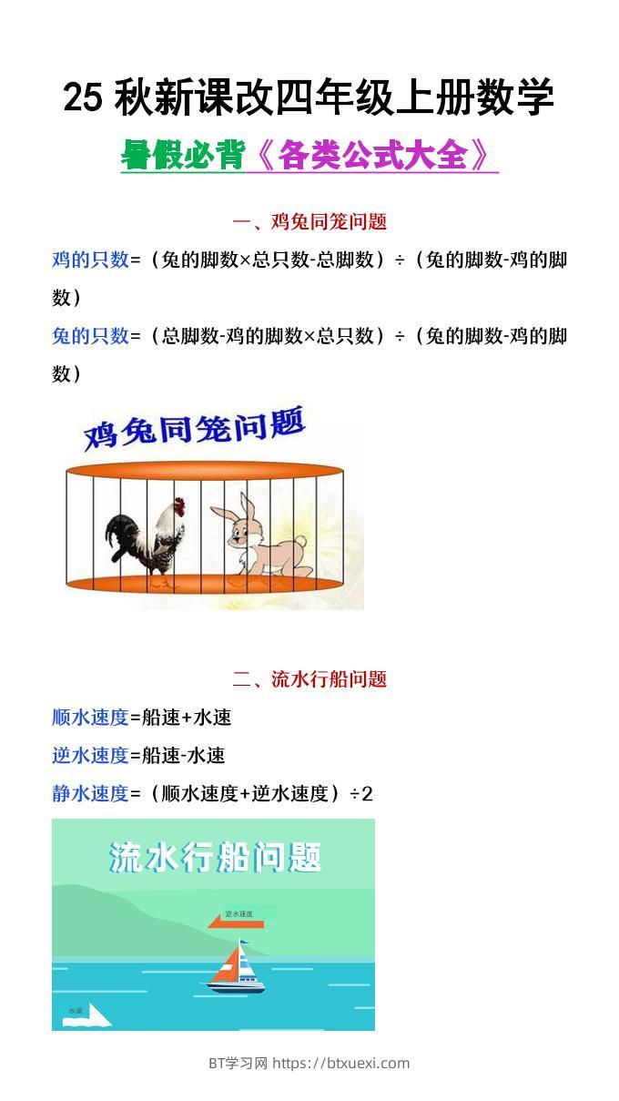 【2025秋新版】四年级上册数学各类公式汇总-BT学习网