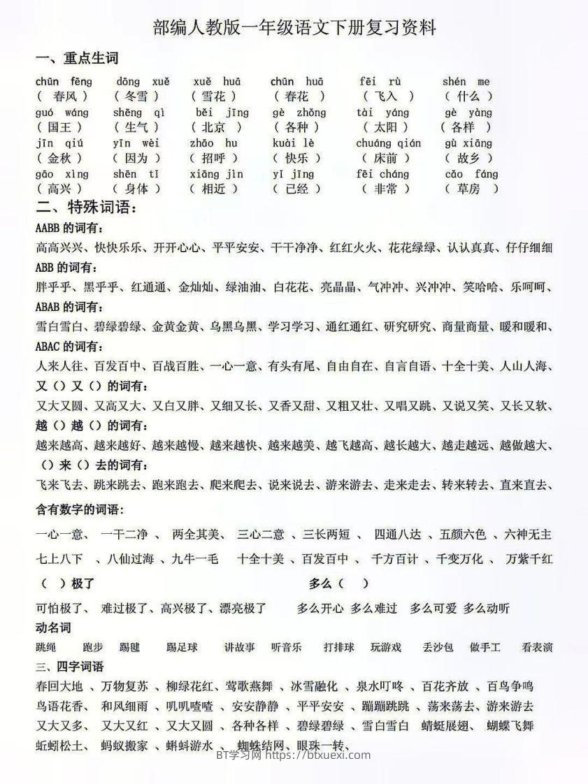 人教版一年级语文下册复习资料-BT学习网