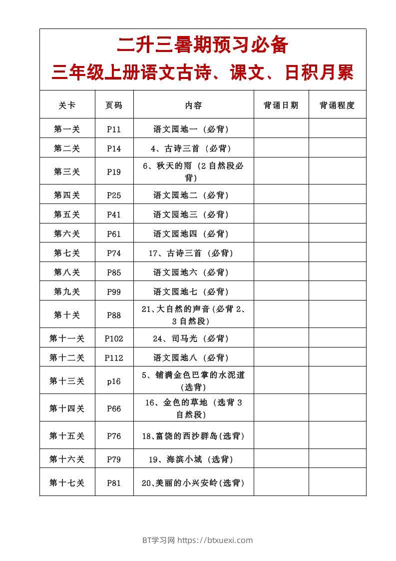三年级语文上册课文必背内容-BT学习网