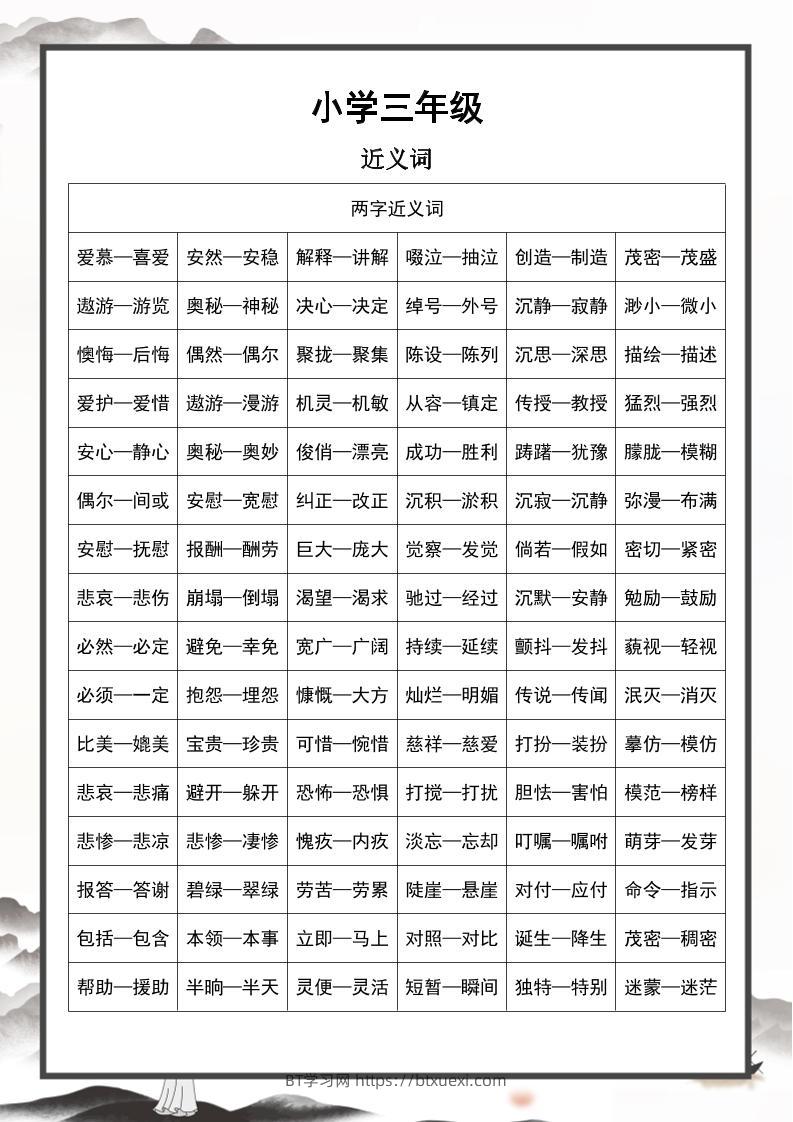 三上语文-近义词和反义词汇总-BT学习网