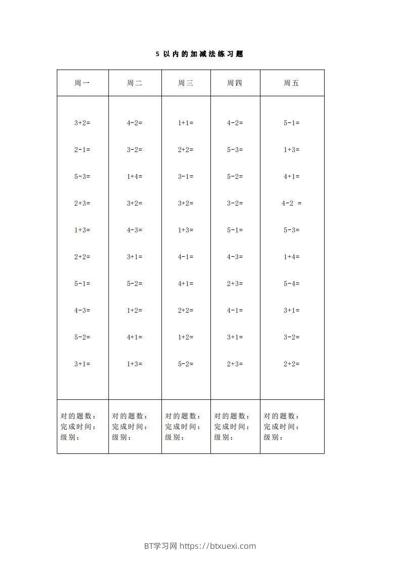 【数学】一（上）5、10、20以内口算天天练大全-BT学习网