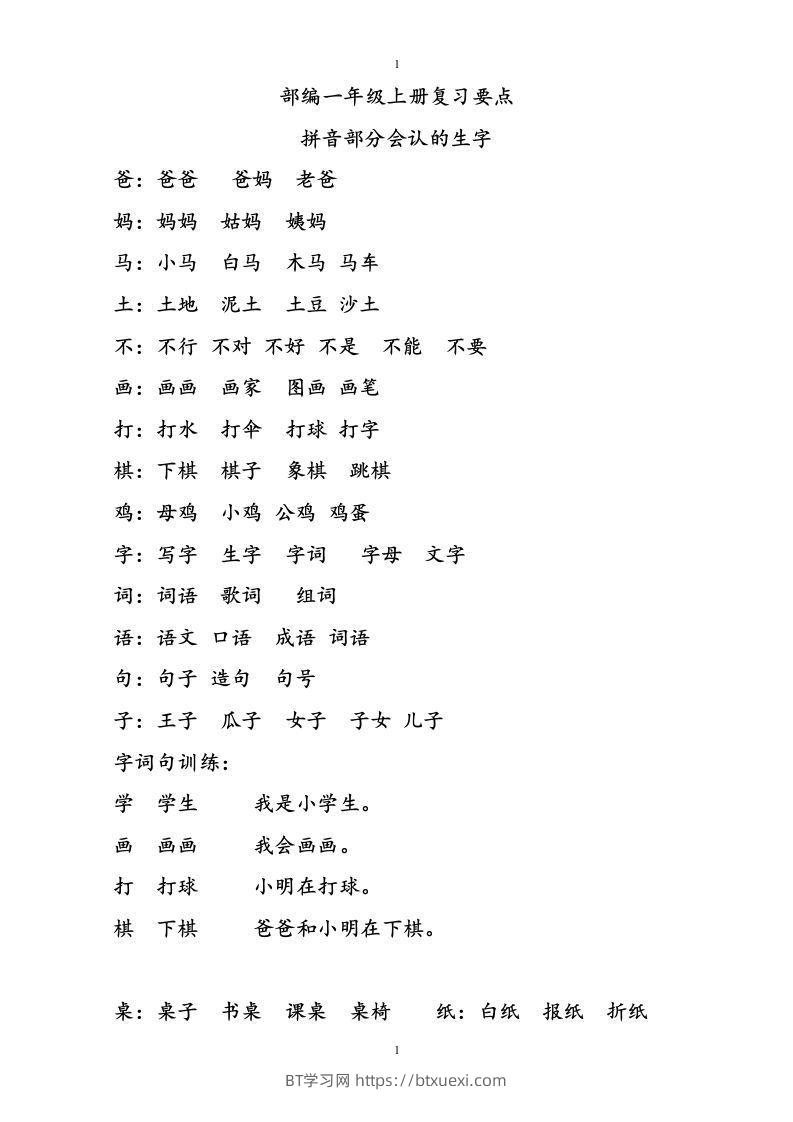 部编版一年级语文上册复习知识点汇总-BT学习网