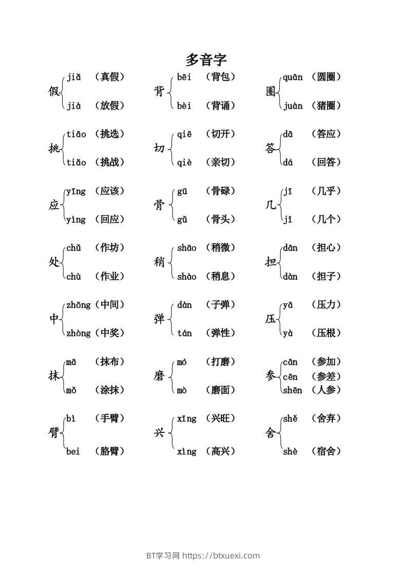 三上语文-语文：课本内多音字汇总-BT学习网