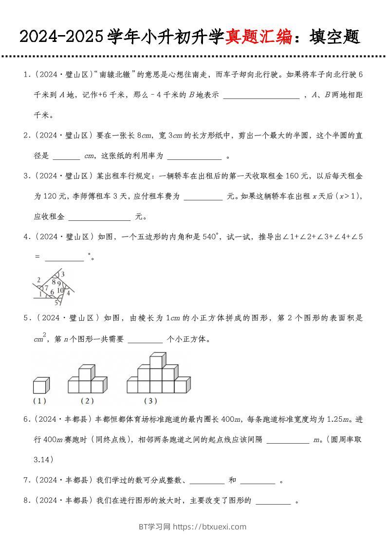 小升初人教版数学【真题汇编：填空题】-BT学习网