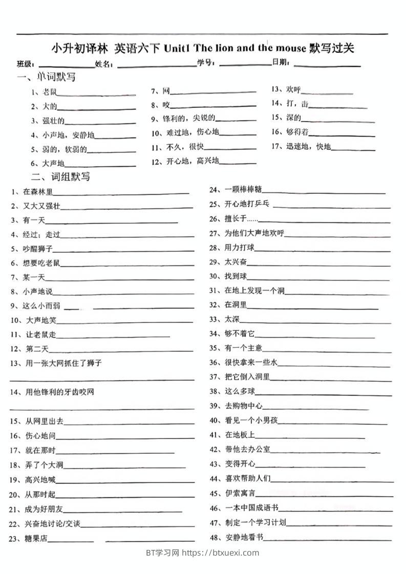 六下英语小升初《英语单元默写单》译林版-BT学习网