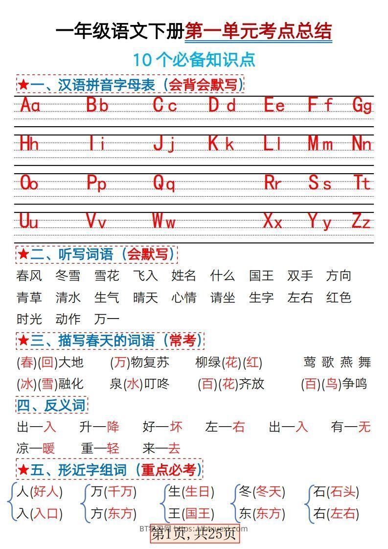 ★3.7一年级语文下册1-4单元考点总结-BT学习网