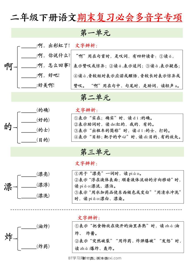 二下语文期末复习必会多音字专项练习（9页）-BT学习网