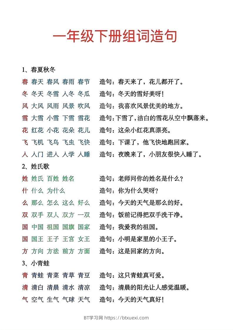 一年级下册生字组词造句-BT学习网