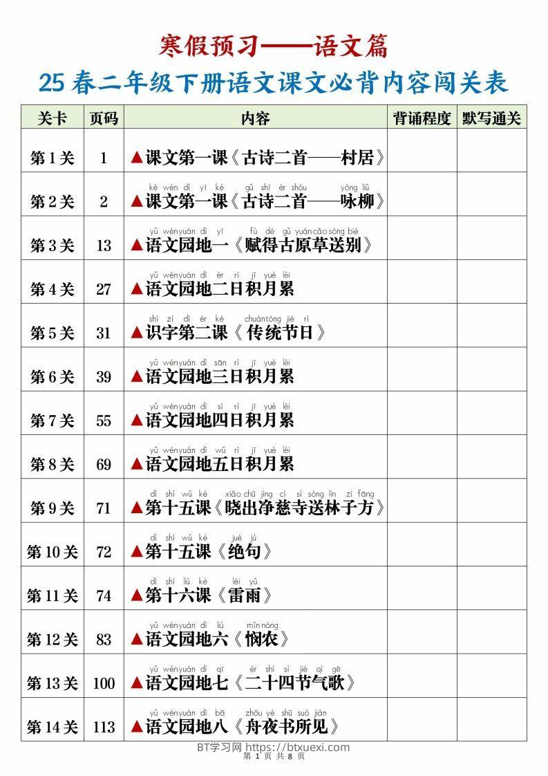 25春二下语文课文必背内容闯关表+默写8页-BT学习网