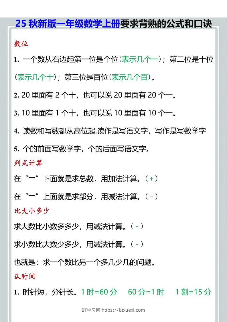 【2025秋新版】一年级数学上册要求背熟的公式和口诀-BT学习网
