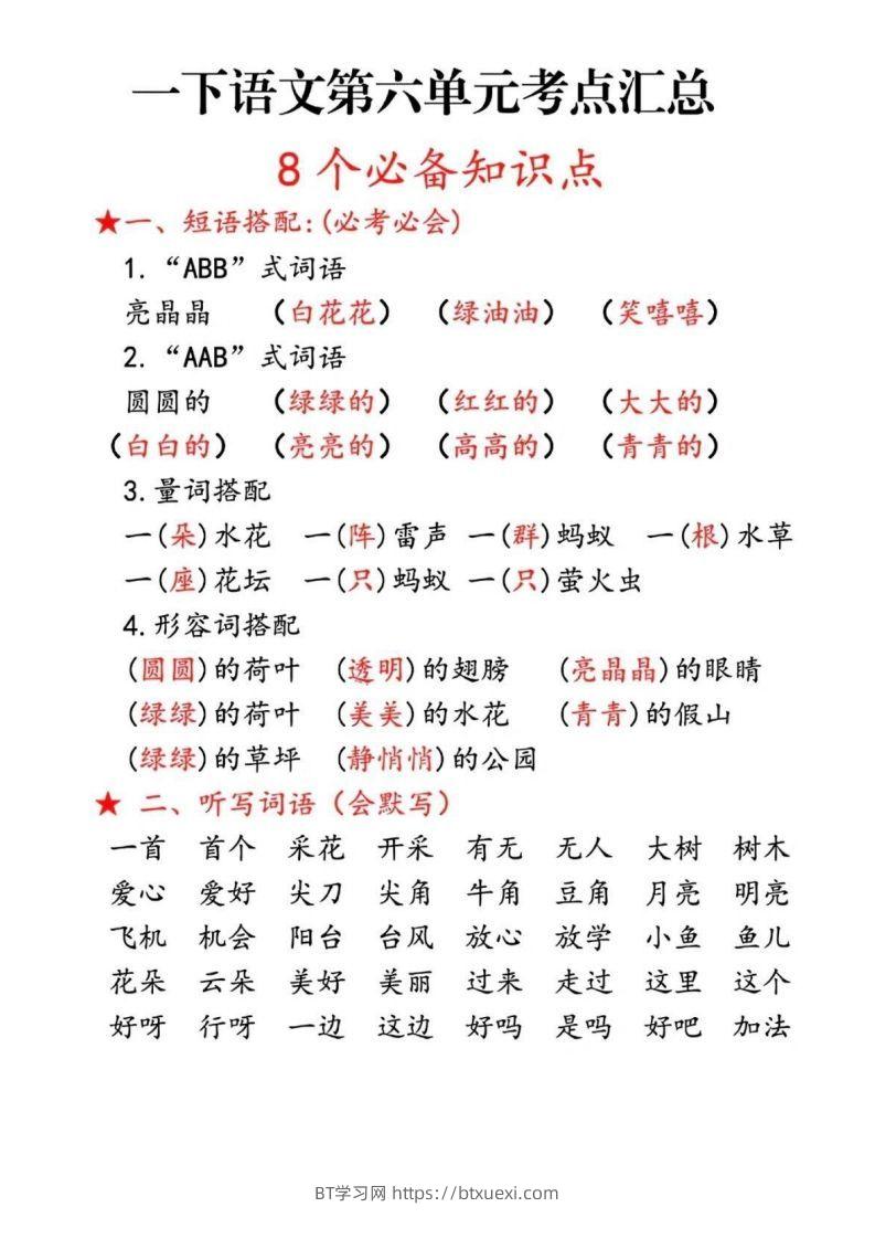 一下语文第六单元考点汇总-BT学习网