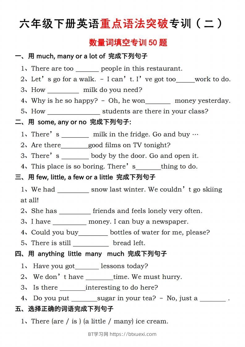 六年级下册人教PEP英语重点语法突破专项训（二）数量词填空-BT学习网