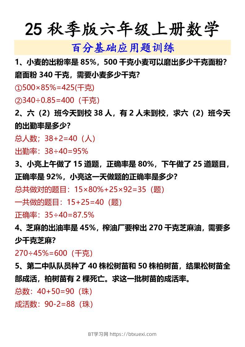 【2025秋新版】六年级上册数学百分基础应用题训练-BT学习网