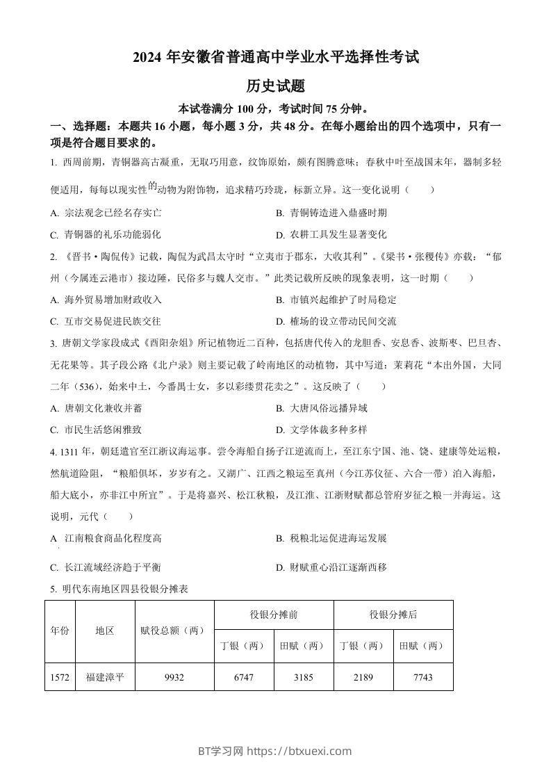2024年高考历史试卷（安徽）（空白卷）-BT学习网