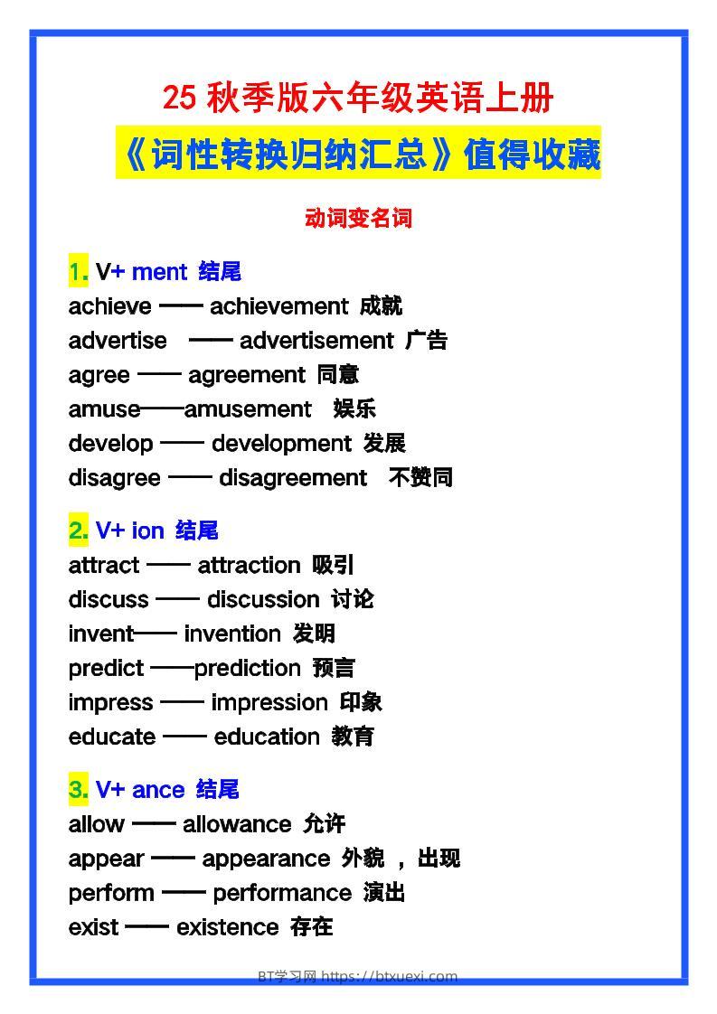 【2025秋新版】六年级英语上册《词性转换归纳汇总》，值得收藏！-BT学习网