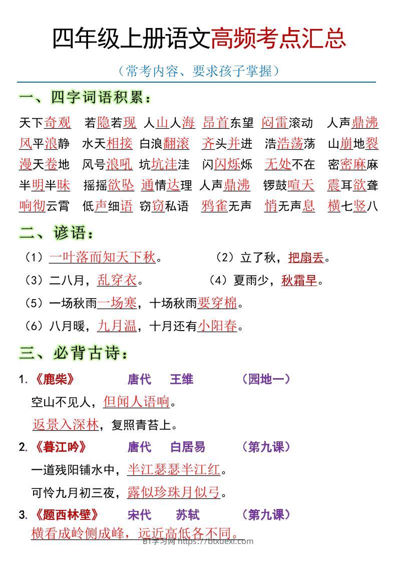 全册高频考点归类（节选）】四上语文-BT学习网