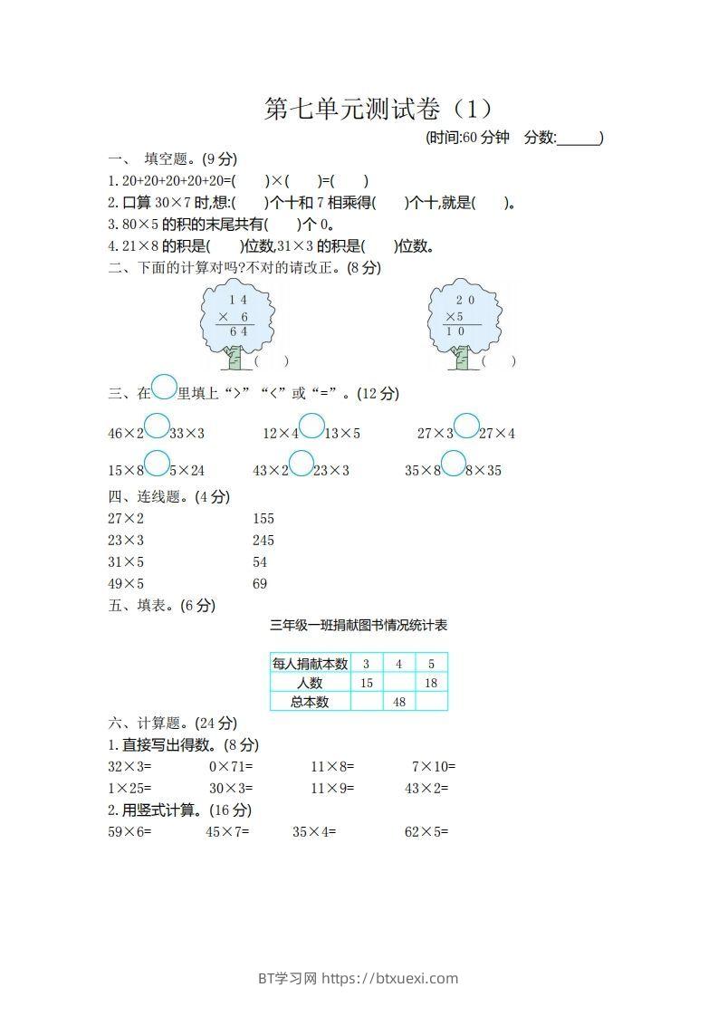 二（下）青岛版数学第七单元检测卷.1（54制）-BT学习网