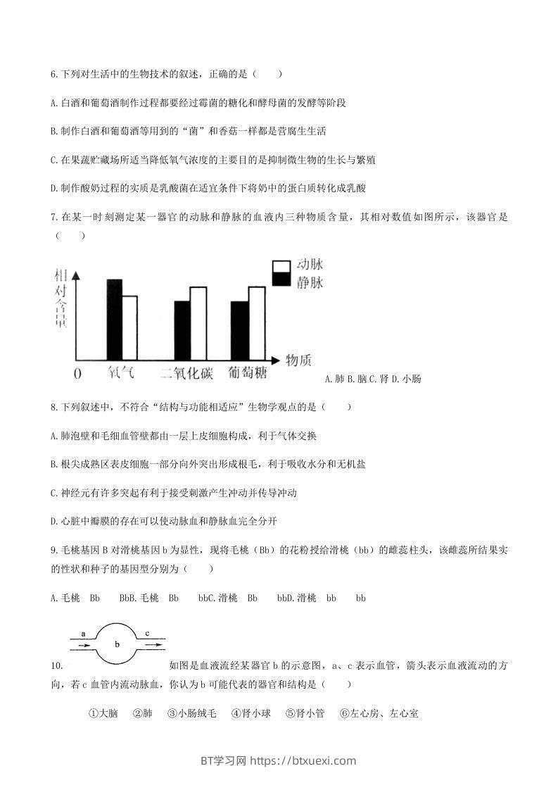 图片[2]-2020-2021学年湖南省常德市澧县八年级下学期期末生物试题及答案(Word版)-BT学习网