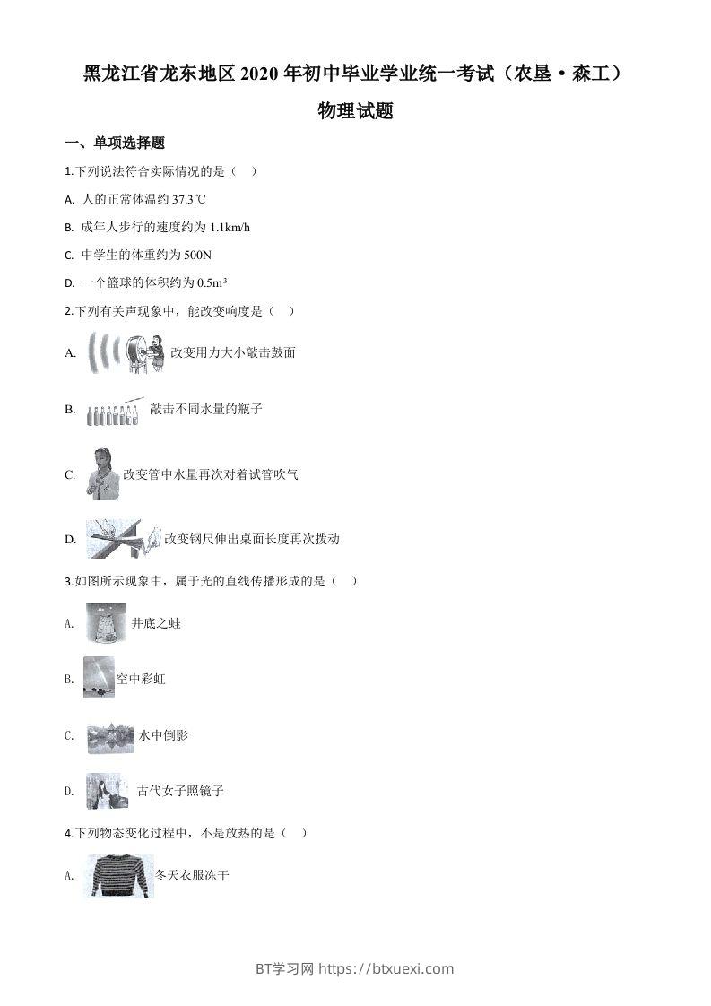 2020年黑龙江省龙东地区中考物理试题（空白卷）-BT学习网