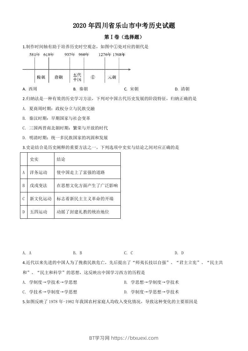 四川省乐山市2020年中考历史试题（空白卷）-BT学习网