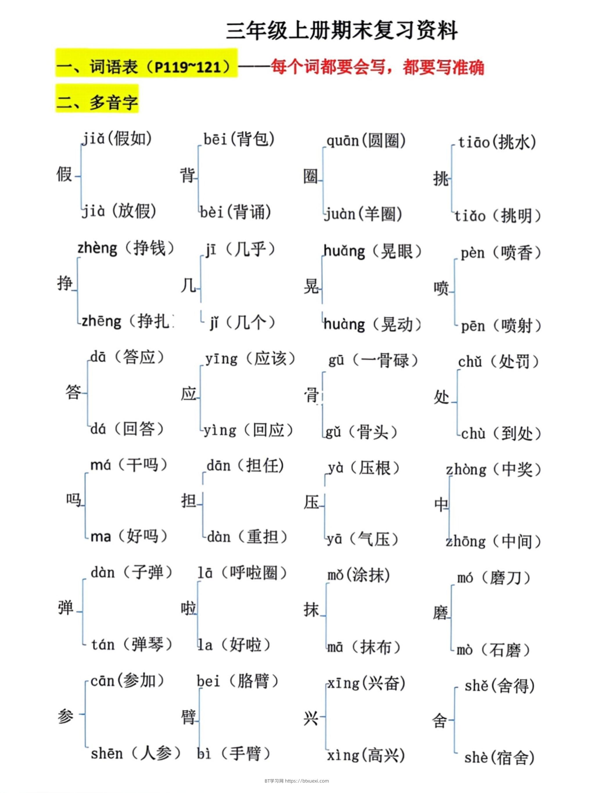 三上语文期末复习必考汇总-BT学习网