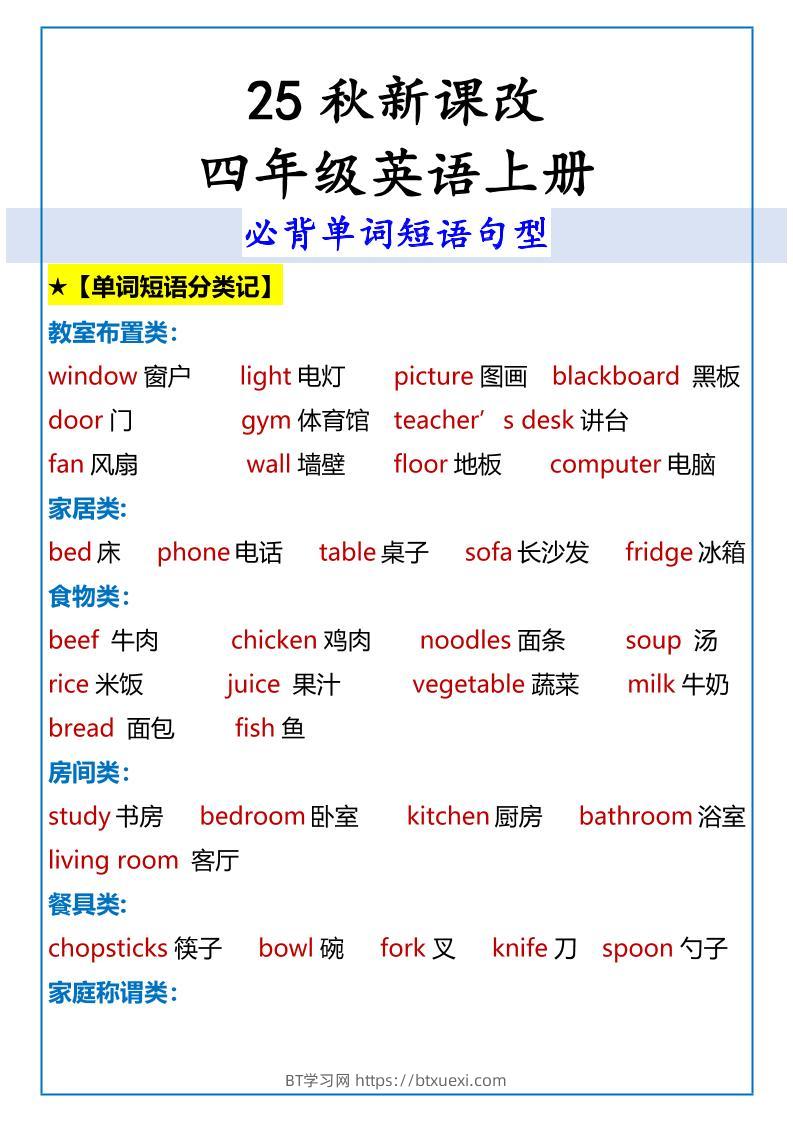 【2025秋新版】四年级英语上册必背单词短语句型-BT学习网