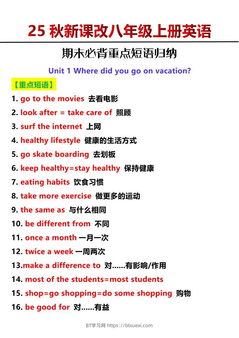 【2025秋新版】八年级上册英语期末必背重点短语归纳-BT学习网
