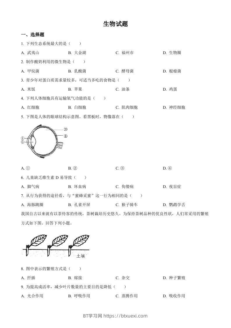 2023年福建省中考生物真题（空白卷）-BT学习网
