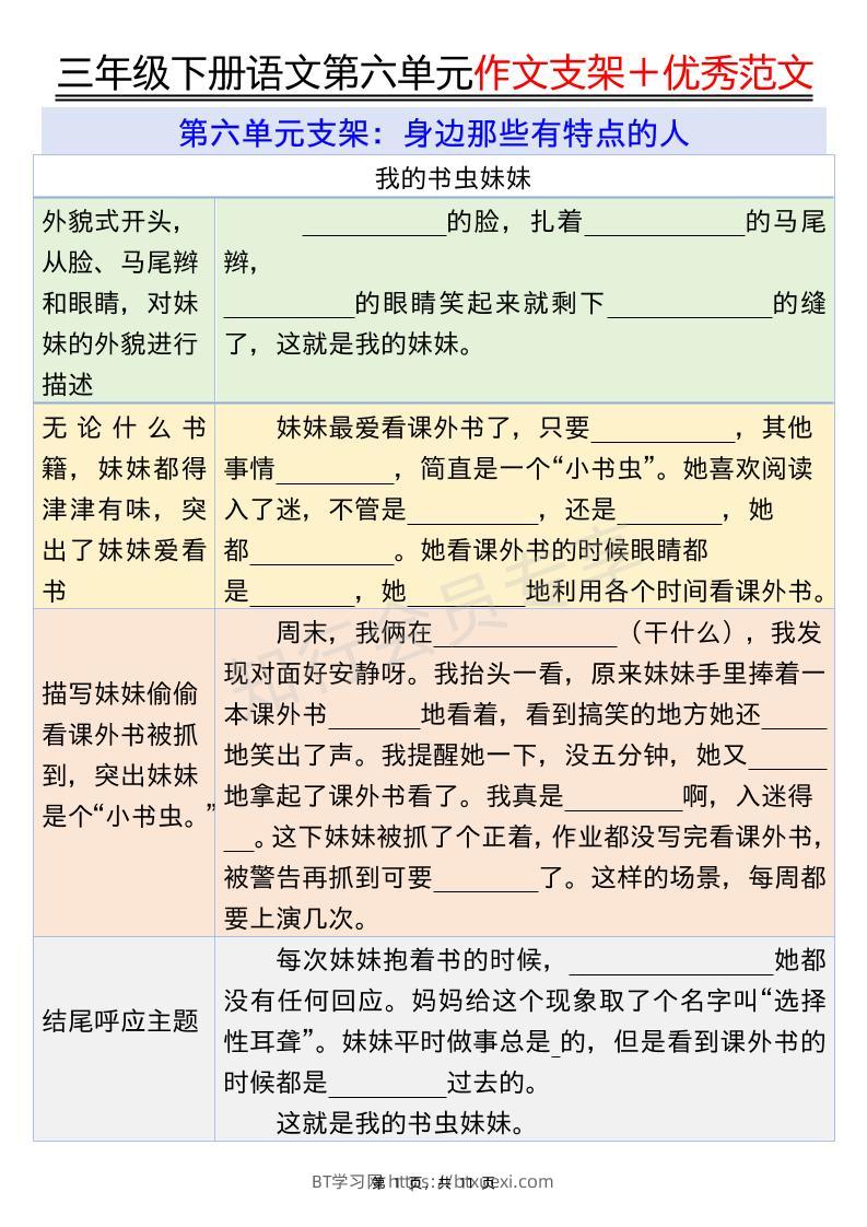 三下语文第六单元作文支架＋优秀范文（11页）-BT学习网