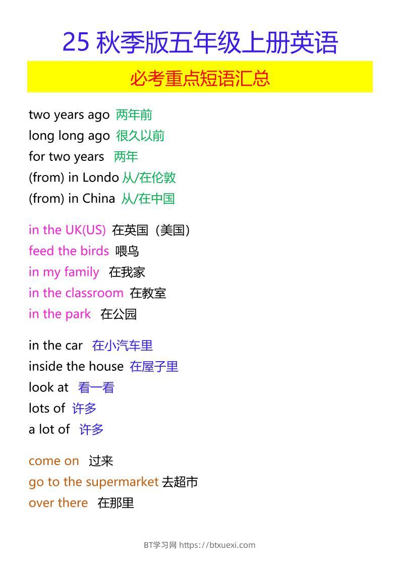 【2025秋新版】五年级上册英语必考重点短语汇总-BT学习网