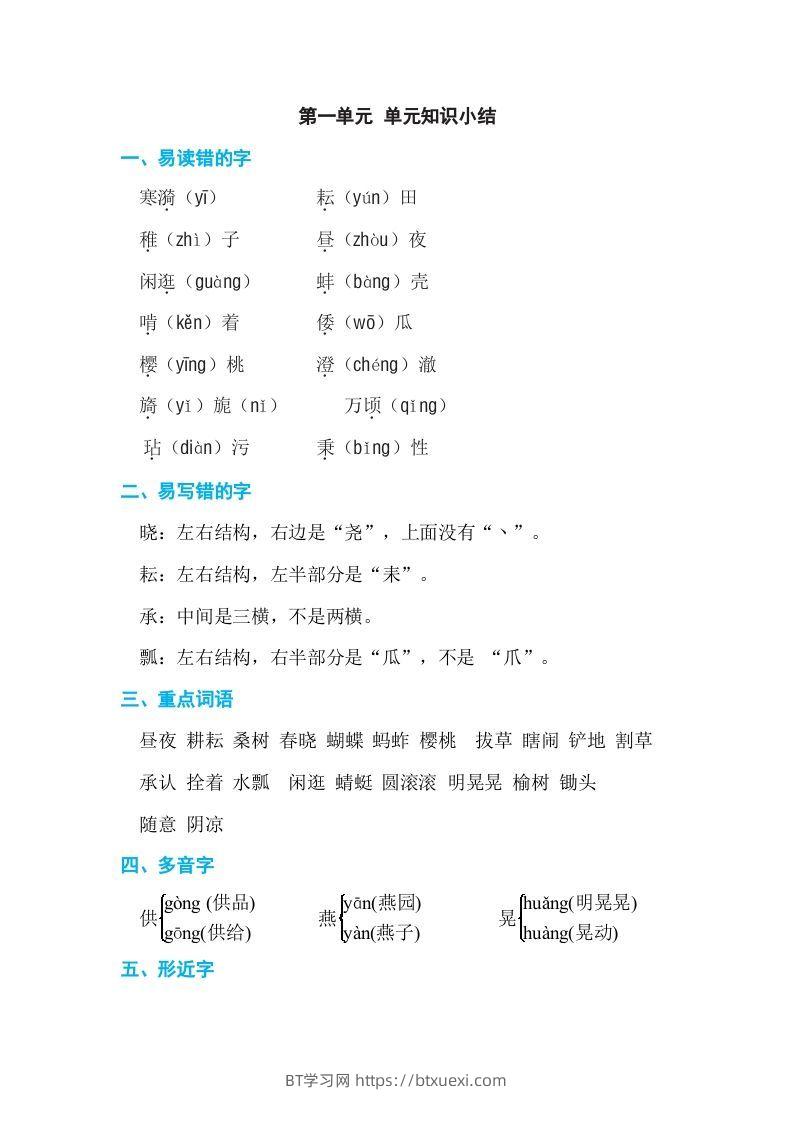 五年级语文下册第一单元单元知识小结（部编版）-BT学习网