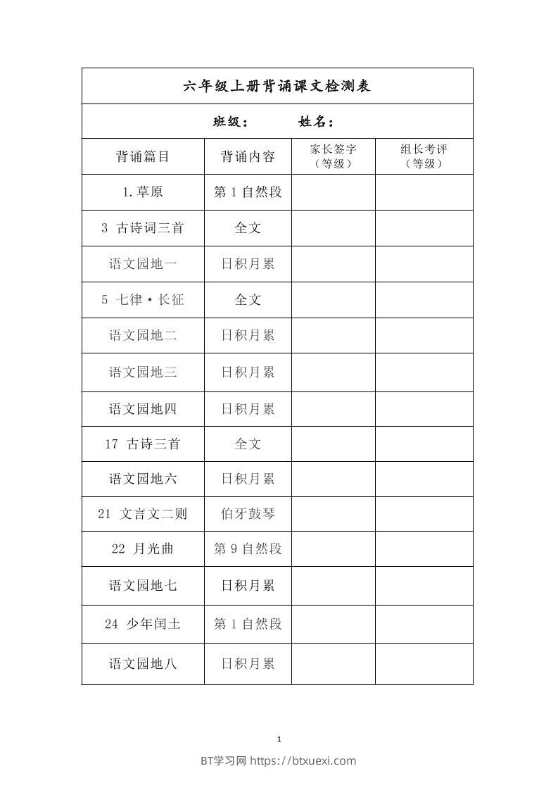 六年级上册背诵课文检测表及内容-语文-BT学习网