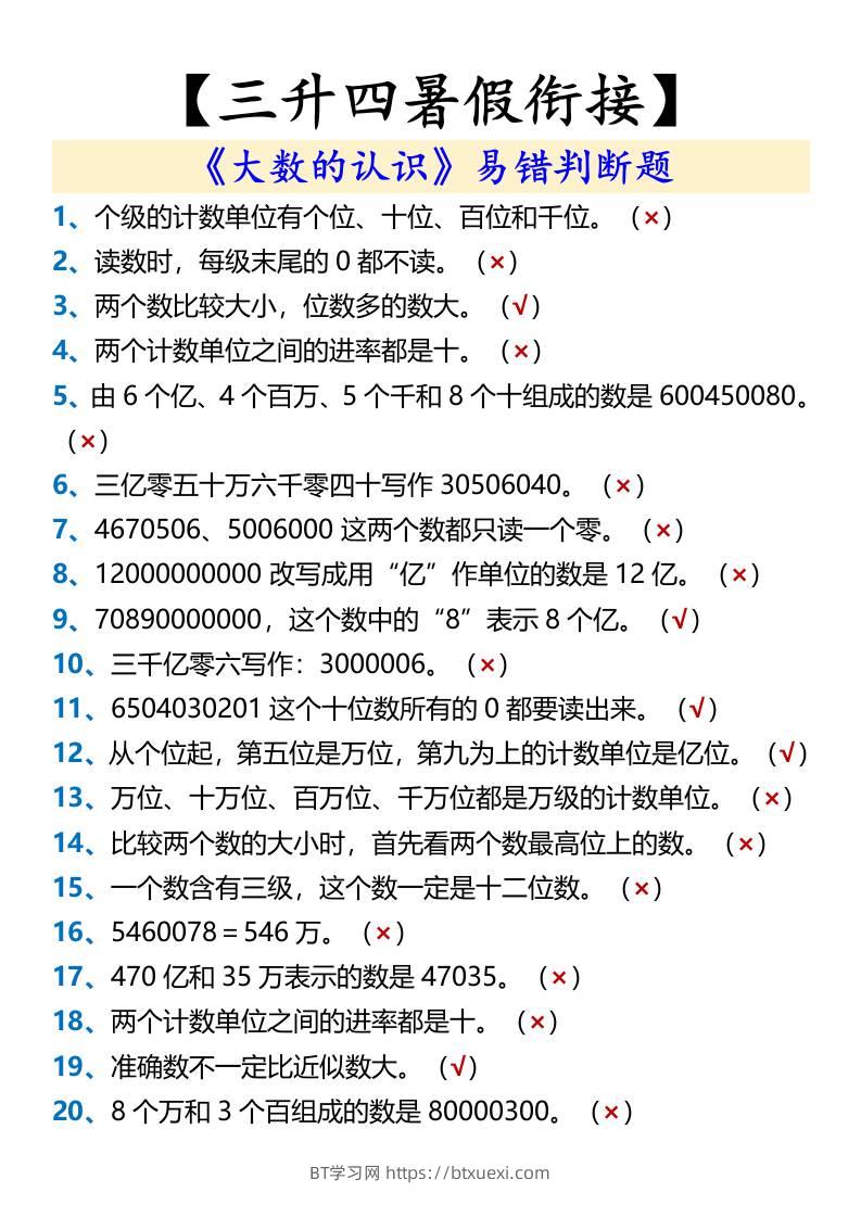 【三升四暑假衔接】《大数的认识》易错判断题-四上数学-BT学习网