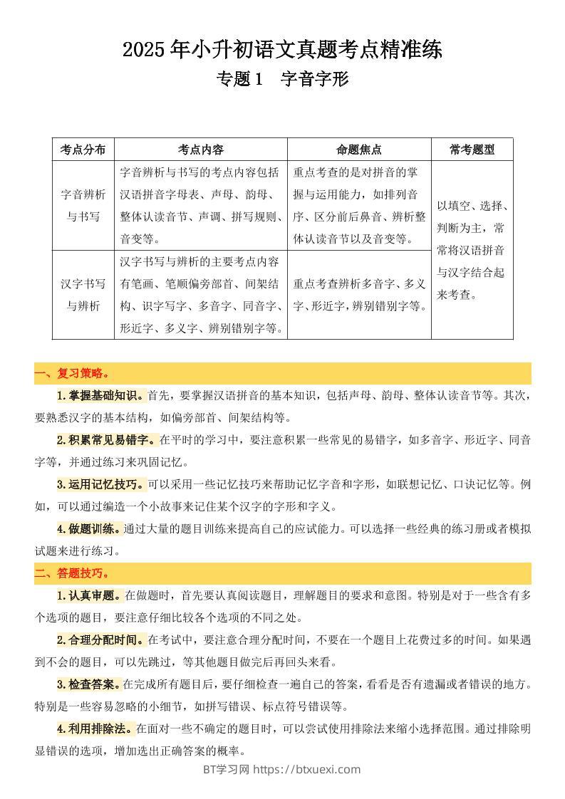 小升初语文备考真题分类汇编专题1字音字形-BT学习网