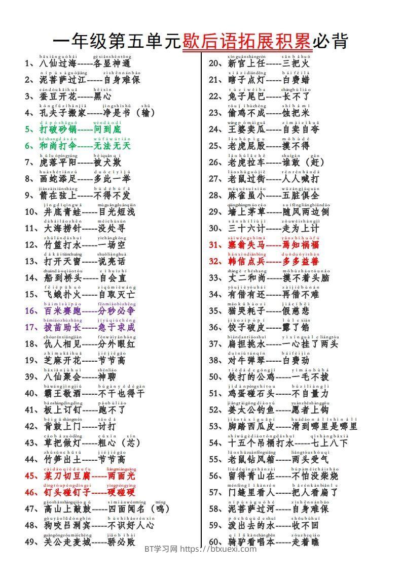 一下语文【歇后语拓展积累】第五单元-BT学习网