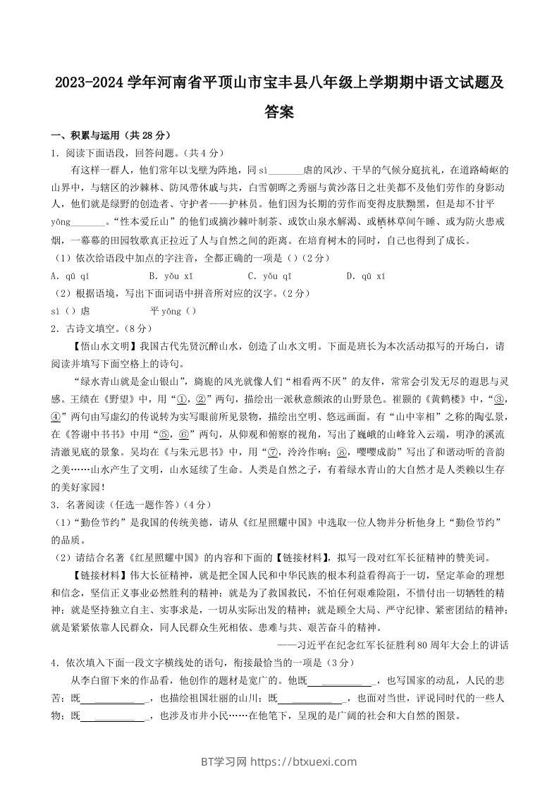2023-2024学年河南省平顶山市宝丰县八年级上学期期中语文试题及答案(Word版)-BT学习网