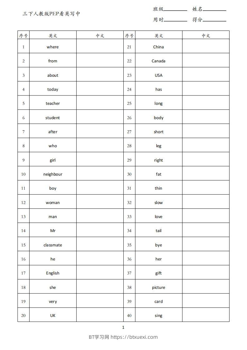 三下人教版英语PEP看英写中-BT学习网