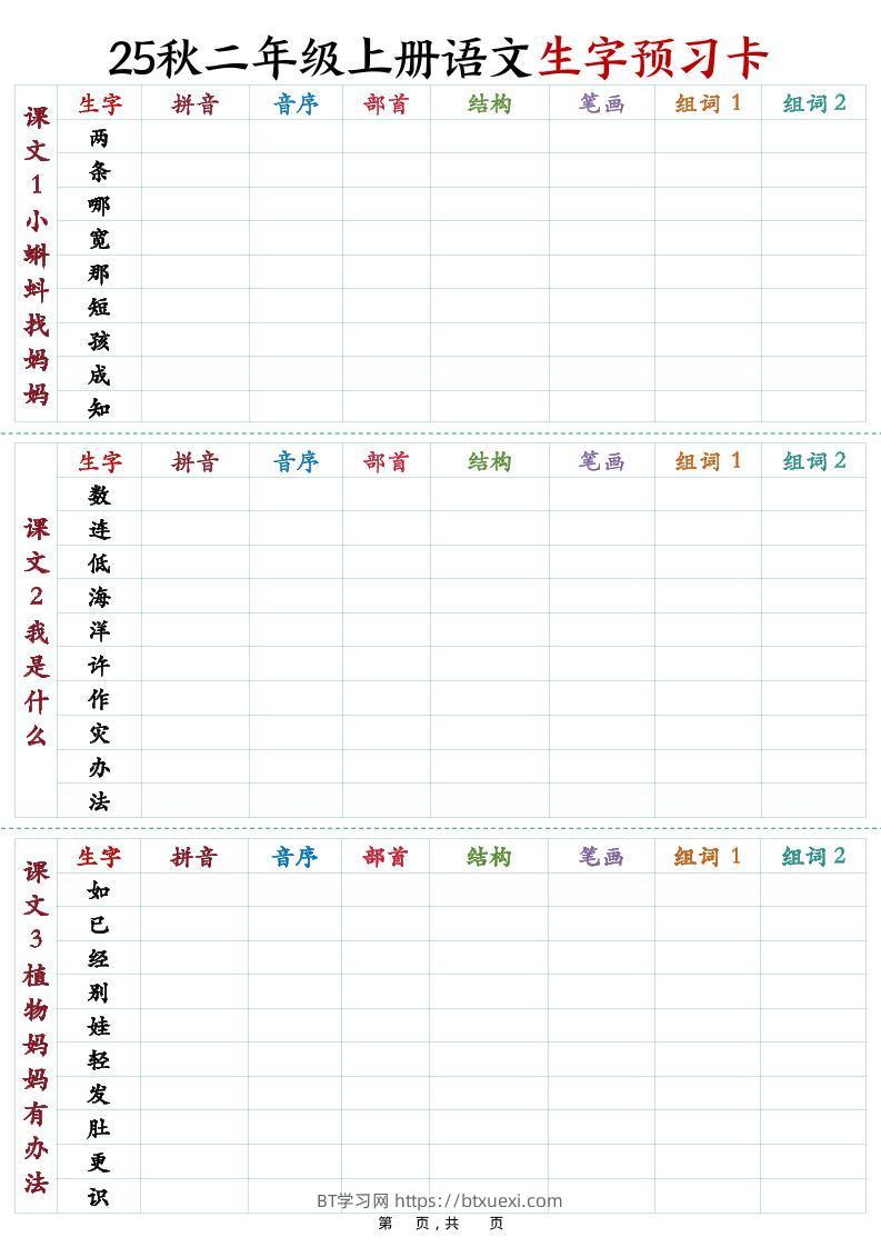 25秋新二上语文生字预习卡（11页）-BT学习网