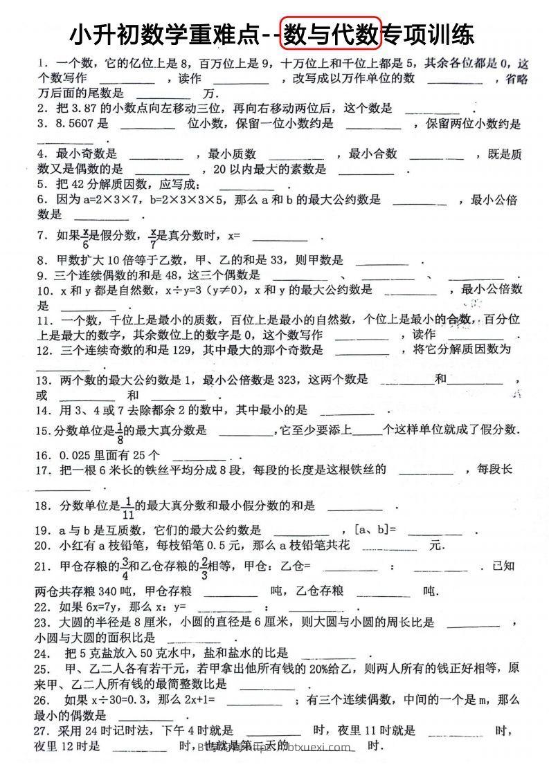 小升初数学重难点：数与代数专项训练-BT学习网