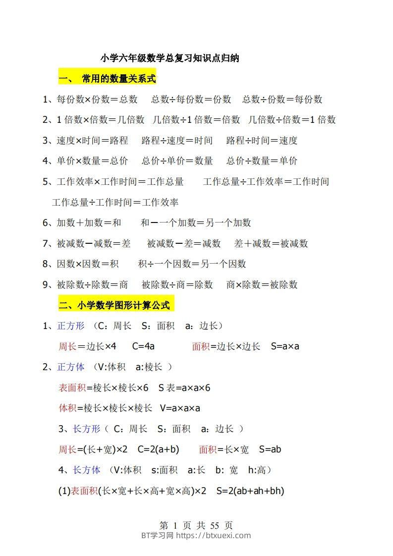《小学六年级数学知识点归纳》六下数学【北师版】-BT学习网