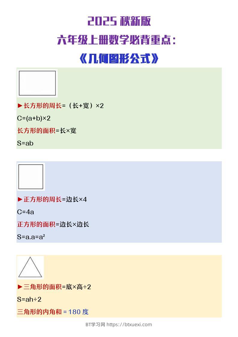 【2025秋新版】六年级上册数学必背几何图形公式大全-BT学习网