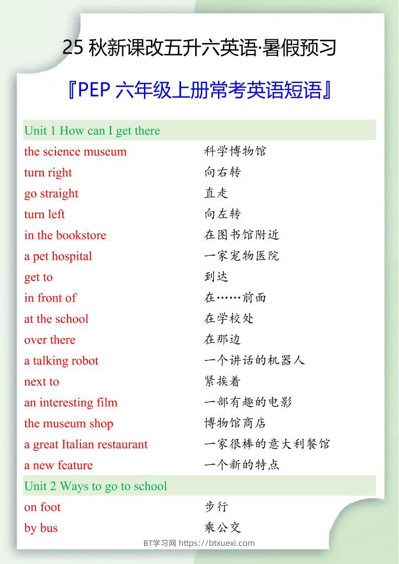 【2025秋新版】六年级上册常考英语短语-BT学习网