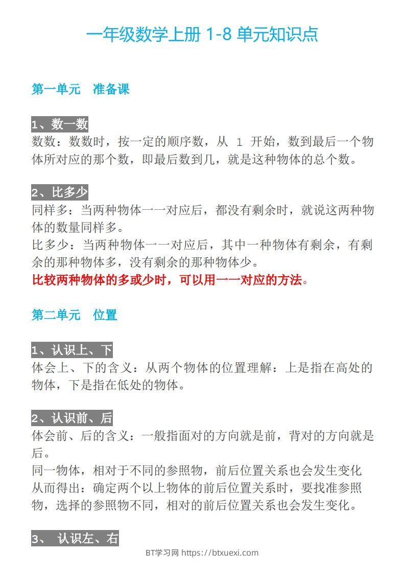 【人教一年级】数学上册必背笔记-BT学习网