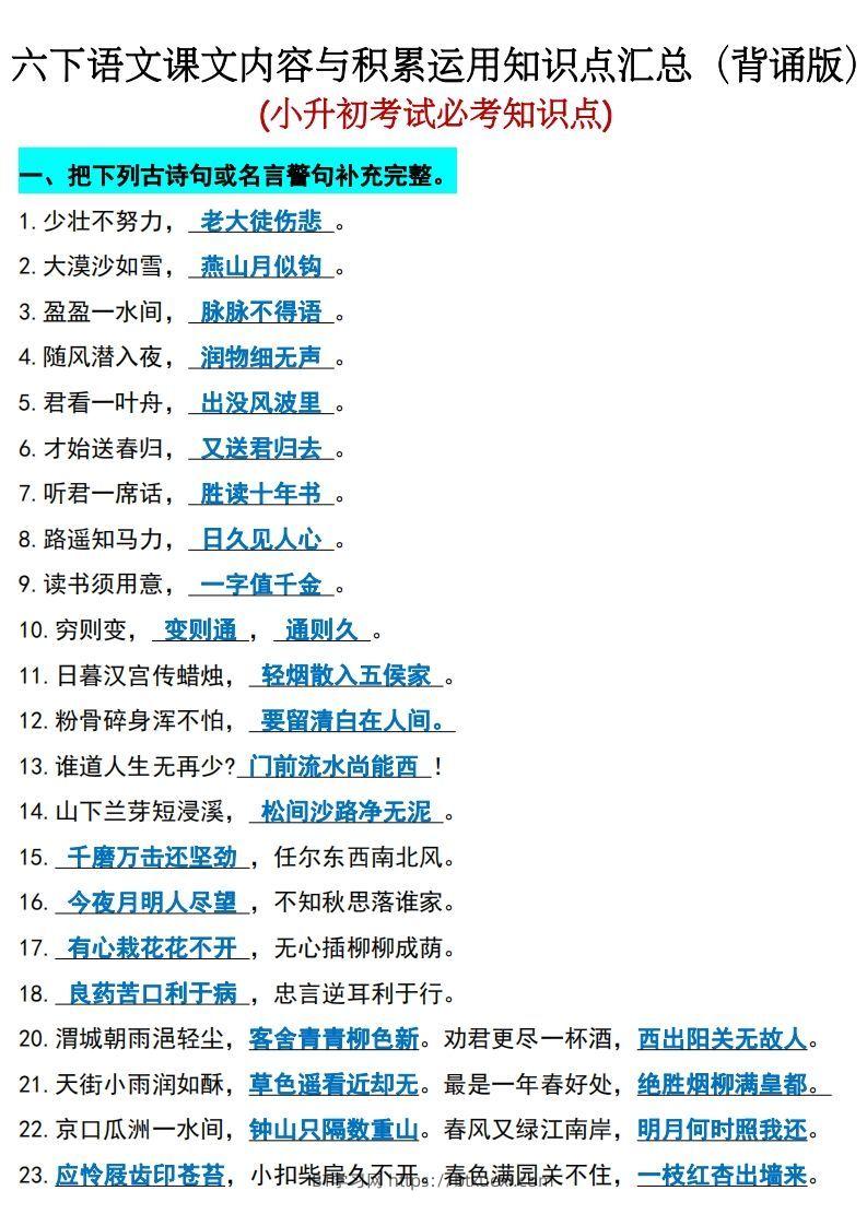 六年级下册语文(小升初)期末必考知识点-BT学习网