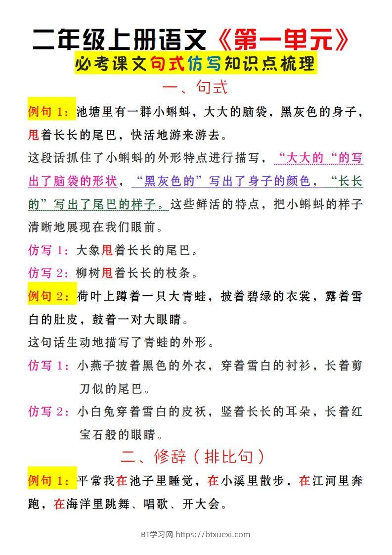 二上语文《第一单元》必考仿写句子-BT学习网
