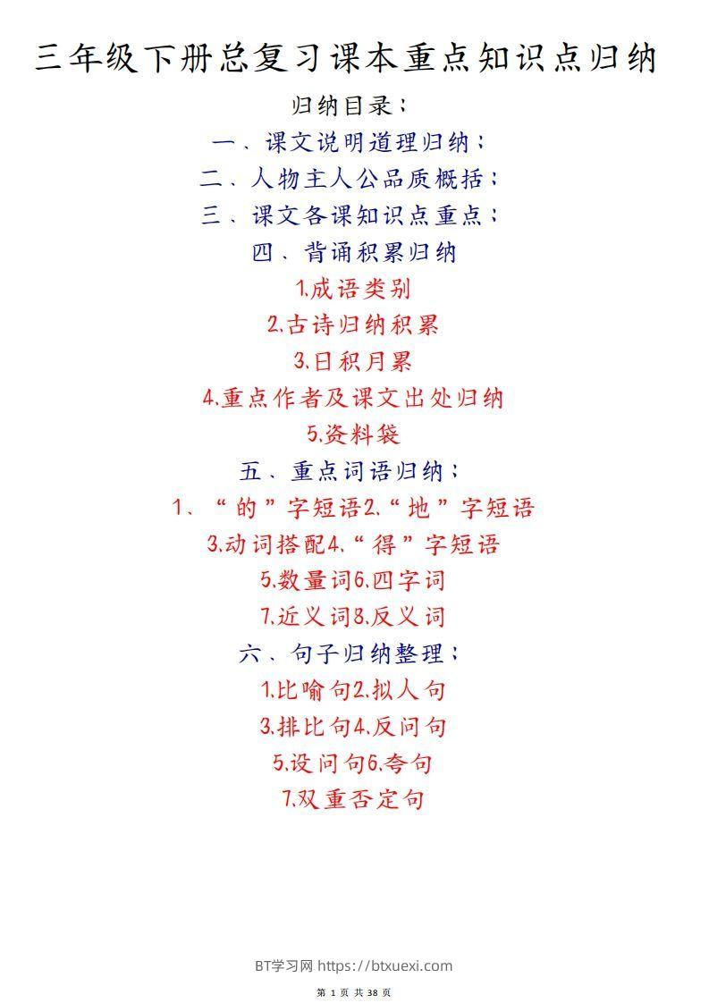 期末复习重点知识汇总三下语文-BT学习网