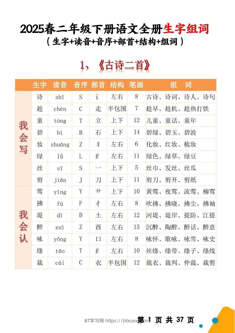 【2025春二下语文全册生字组词（生字拼音音序结构部首组词）37页一类字+二类字-BT学习网